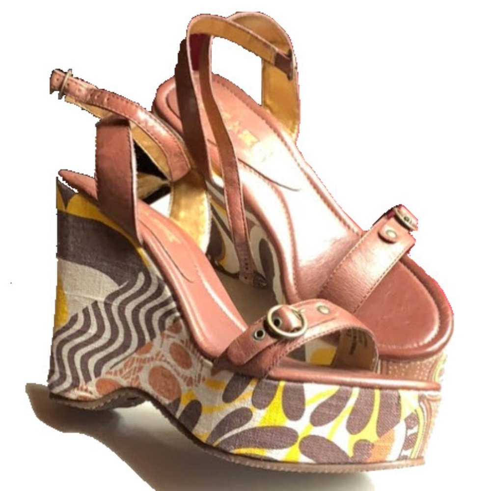 Fabric Covered Wedge Platform Brown Sandals